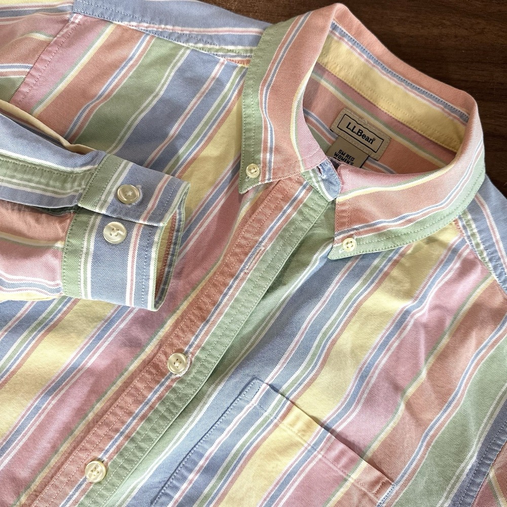 LL Bean Shirt Women S/M Button Up Long Sleeve Pastel Colorful Striped Cotton‎